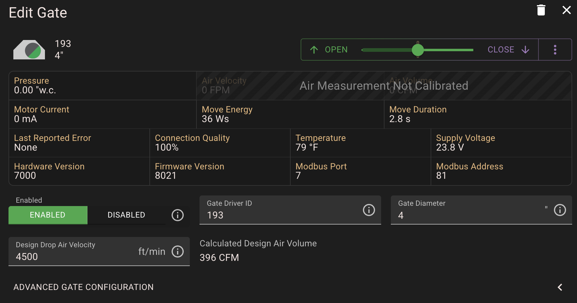 Ecogate Precision Airflow interface showing gate configuration and measured airflow information