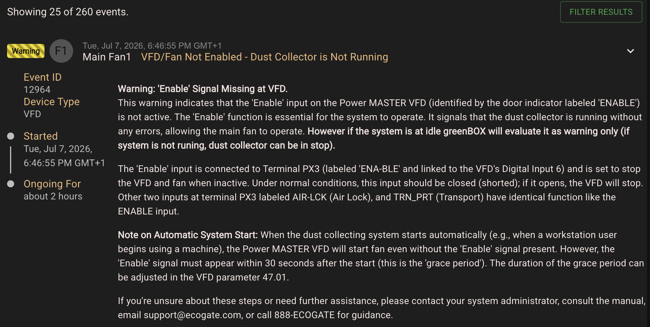 Ecogate event log showing a VFD warning with detailed explanation and help text