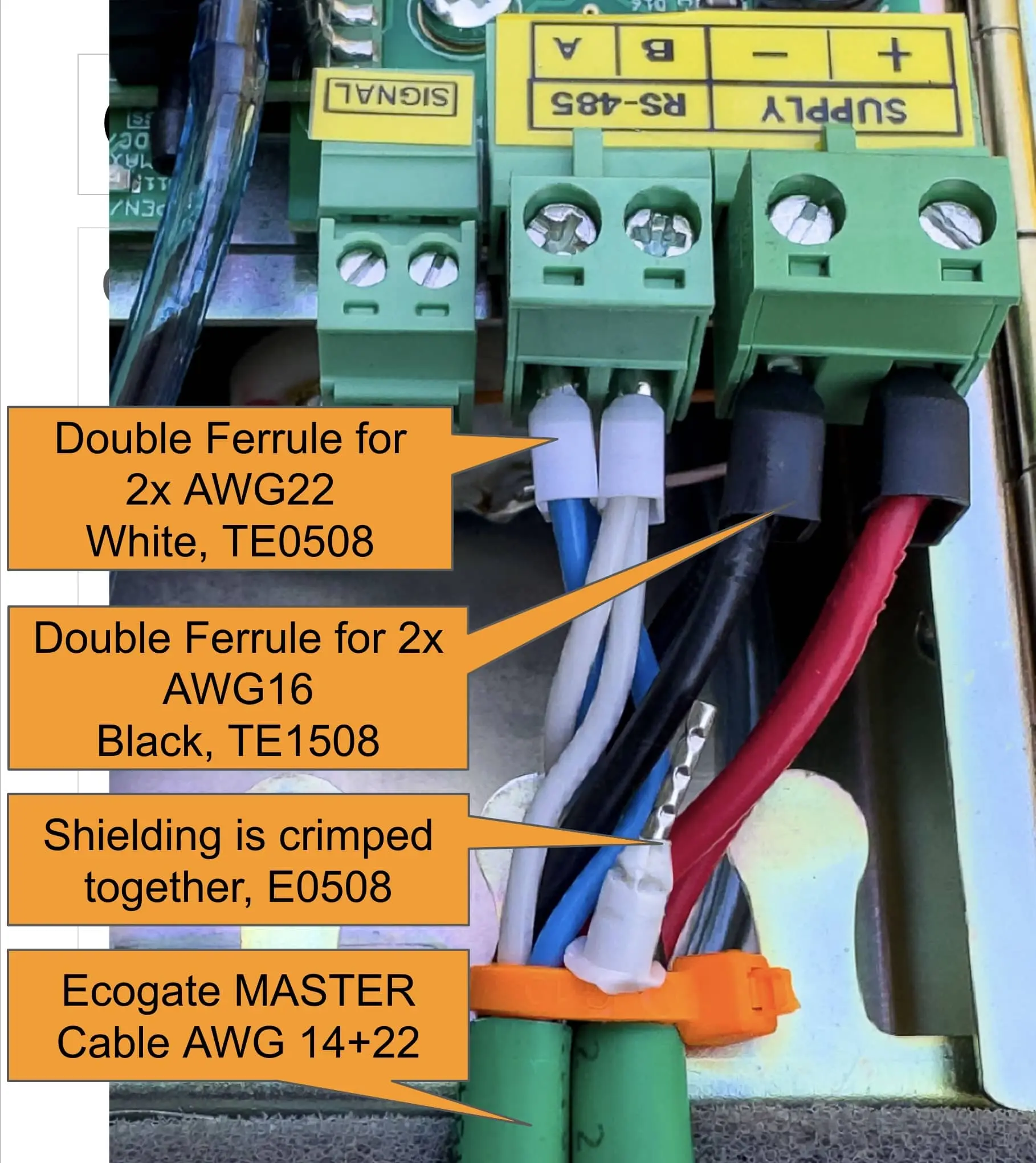 Connecting gates in daisy-chain using Ecogate MASTER Cable and utilizing double ferrules