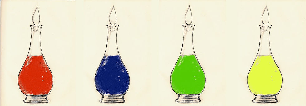 Illustration of four vessels/carboys lined up with red, blue, green and yellow liquids.