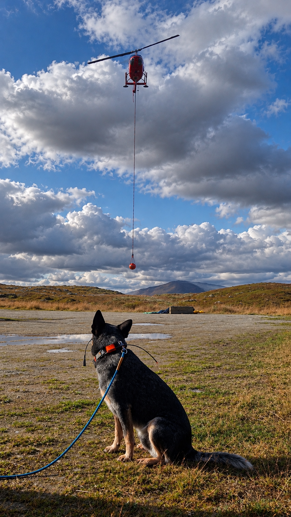 Effective training teaches a dog more than specific skills; done well, it also builds his competence and confidence. In the photo, Mrok’s first encounter with a helicopter: we stood in a safe zone, and Mrok watched the machine land without fear.