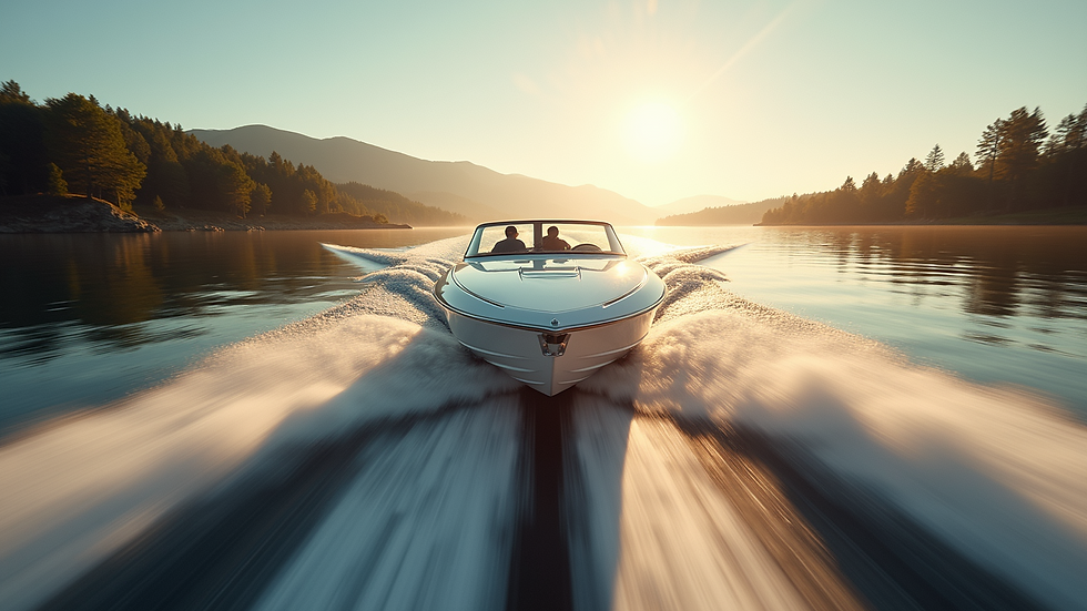 Wide angle view of a modern motorboat cruising on a sunny lake