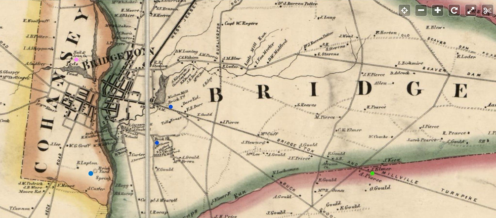 Fig. 7, 1862 map 3 blue dots = brickyards, green dot = J. Elmer, pink dot = Nail House https://www.pinterest.com/pin/155303887974162124/