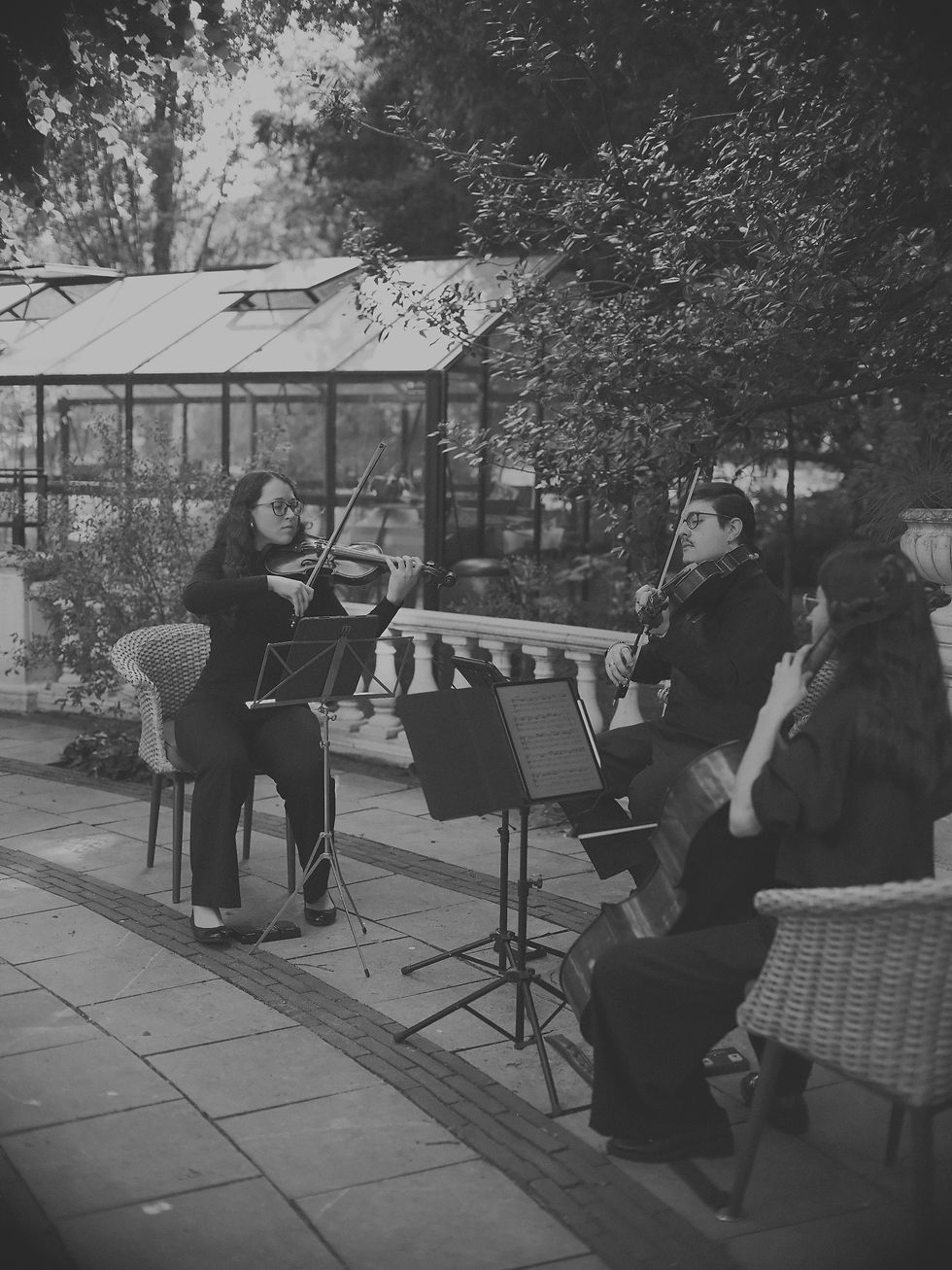 Des musiciens à cordes jouent du violon et du violoncelle en plein air sur une terrasse près d'une serre lors d'un mariage.
