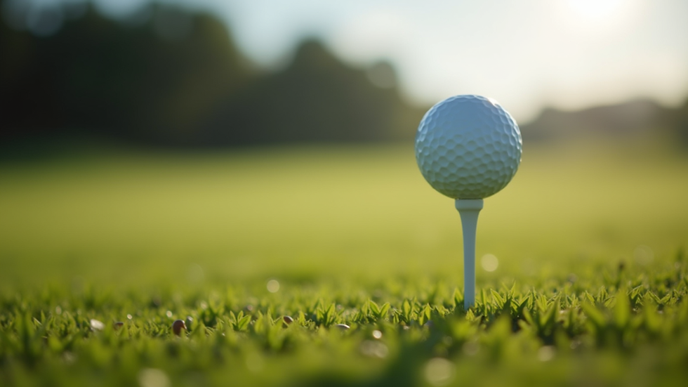 Eye-level view of a golf ball on a tee against a blurred background of a golf course