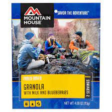 Mountain House Granola with milk and blueberries