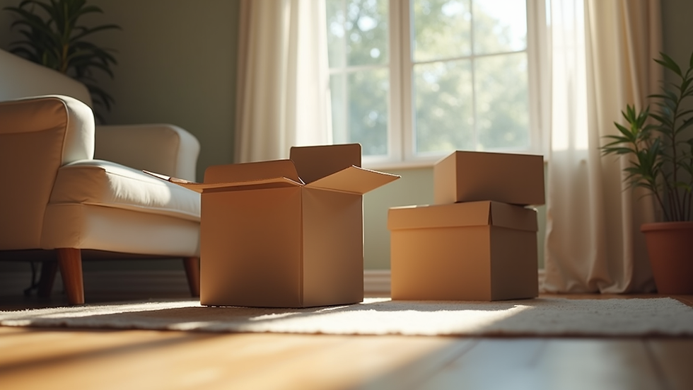 Eye-level view of a cozy living room with moving boxes