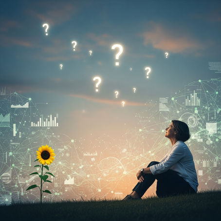 A pensive woman gazes up at a twilight sky filled with ethereal question marks. A solitary sunflower blooms against a complex, abstract background representing business metrics. The image uses a soft, muted color palette and delicate lighting to foster a contemplative mood.