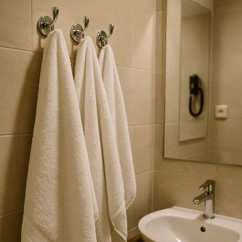 Three towels hanging on a bathroom wall in a hotel setting