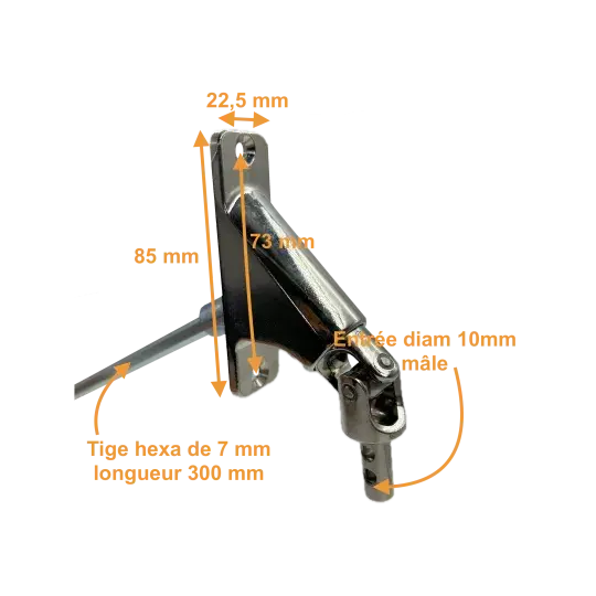 Sortie 90° - Entrée ø 10 mâle - Tige Hexa 7 L 300 - Nickelé