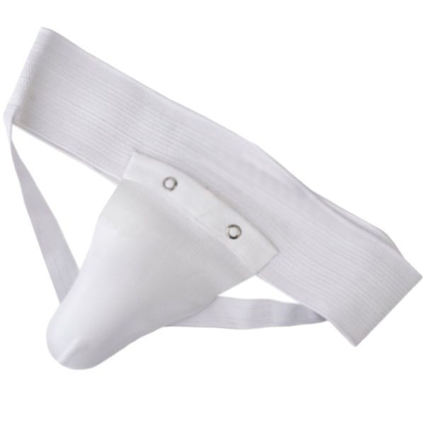 Easticated jock strap groin guard for martial arts training, white protective cup with elasticated waist band