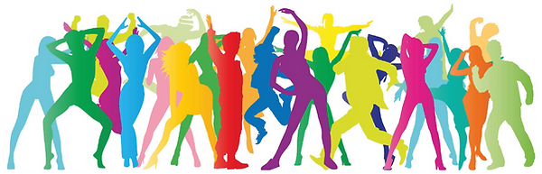 mehrere verschiedenfarbige Silhouetten von Menschen, Frauen und Männern. Alle sind in einer anderen Position, aber alle in Bewegung. Zum Beipiel beim Tanzen, Hüpfen, Rennen und so weiter. Manche sind komplett drauf im Vordergrund, von anderen sieht man nur Teile im Hintergrund.