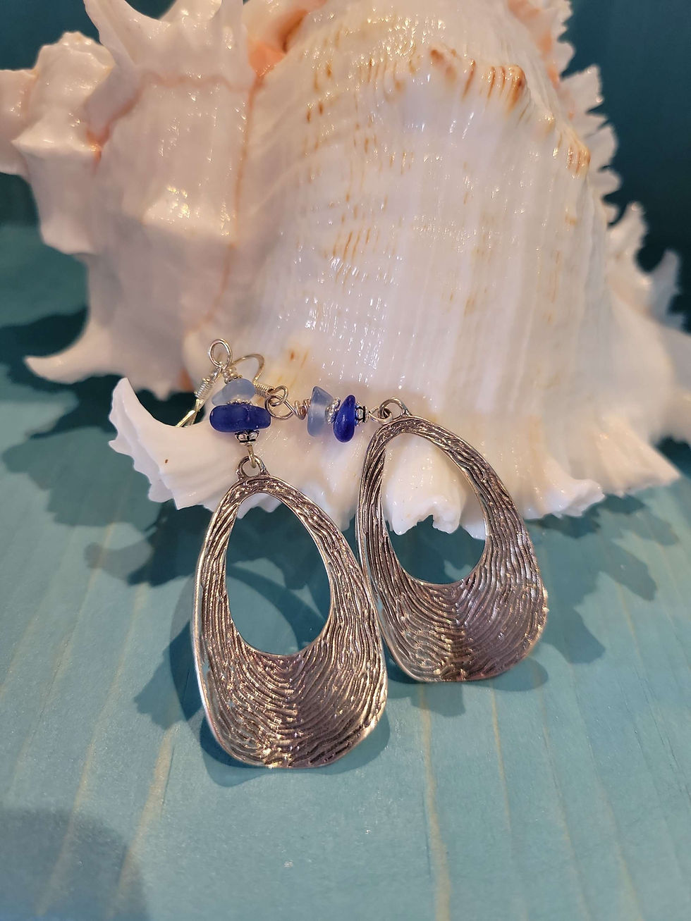 Thumbnail: Sterling silver components with blue and cobalt blue sea glass.