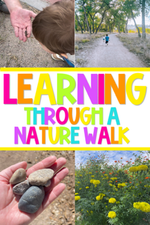 Learning through a nature walk text with 4 different nature images in background