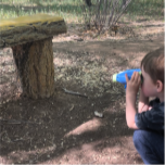 child looks through binoculars at something under a wooden bench