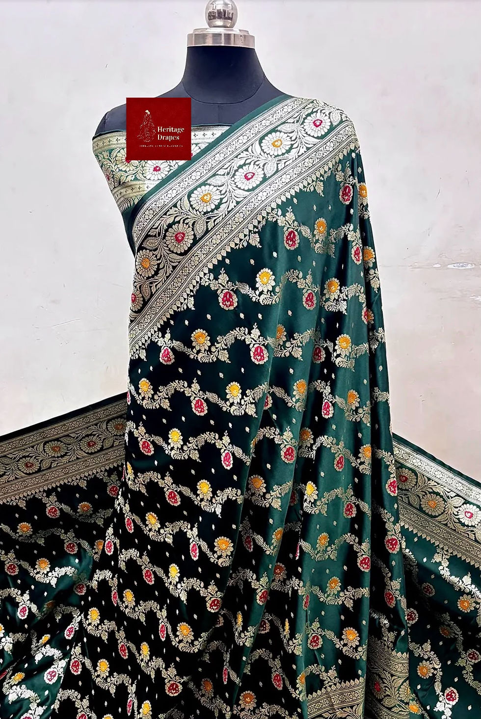 Thumbnail: Bottle Green Zari Meena Katan Satin Silk Banarasi Saree