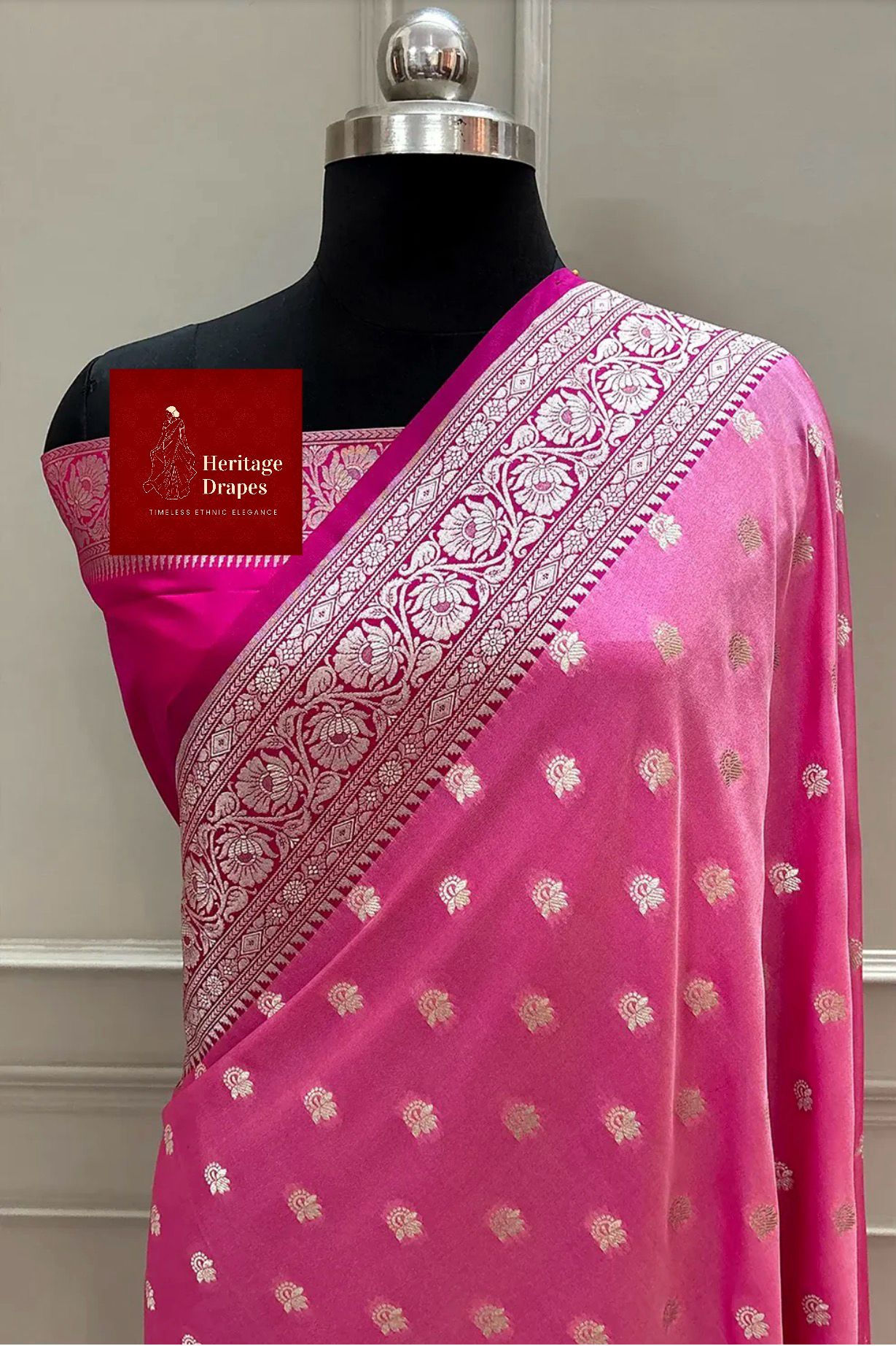 Pink and Rani Ghonga Buti Katan Silk Banarasi Saree