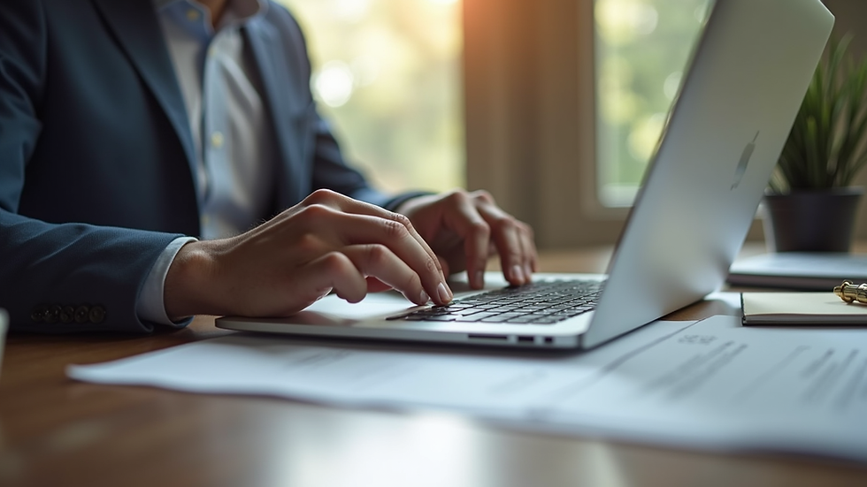 Eye-level view of a professional resume writer editing a resume on a laptop