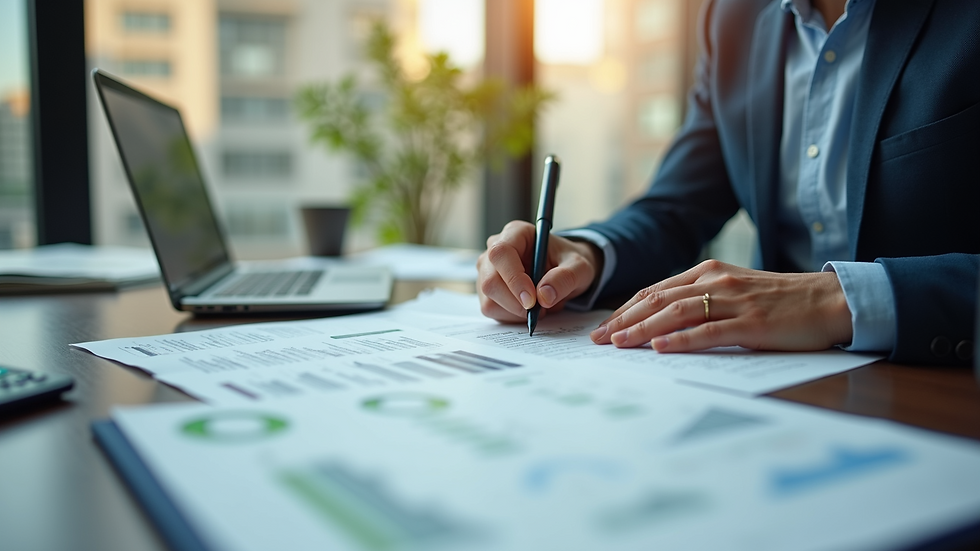 Eye-level view of a person reviewing financial documents at a desk