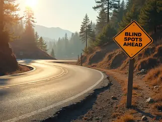 A windy road with a sign warning about blind spots, serving as a metaphor for hazards that derail marketplace and channel operations.