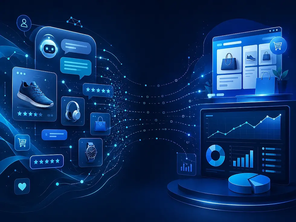 AI commerce measurement illustration showing product cards, customer signals, and shopping data flowing into connected ecommerce and analytics dashboards.