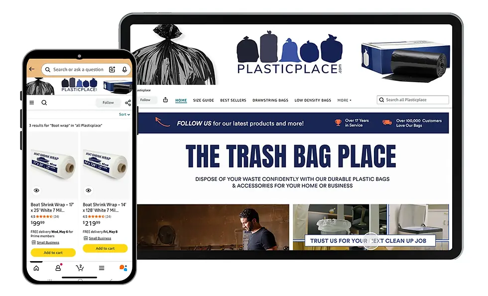 Mobile and tablet screens display a website for PlasticPlace.com, showcasing trash bags and boat shrink wrap with options to add to cart.