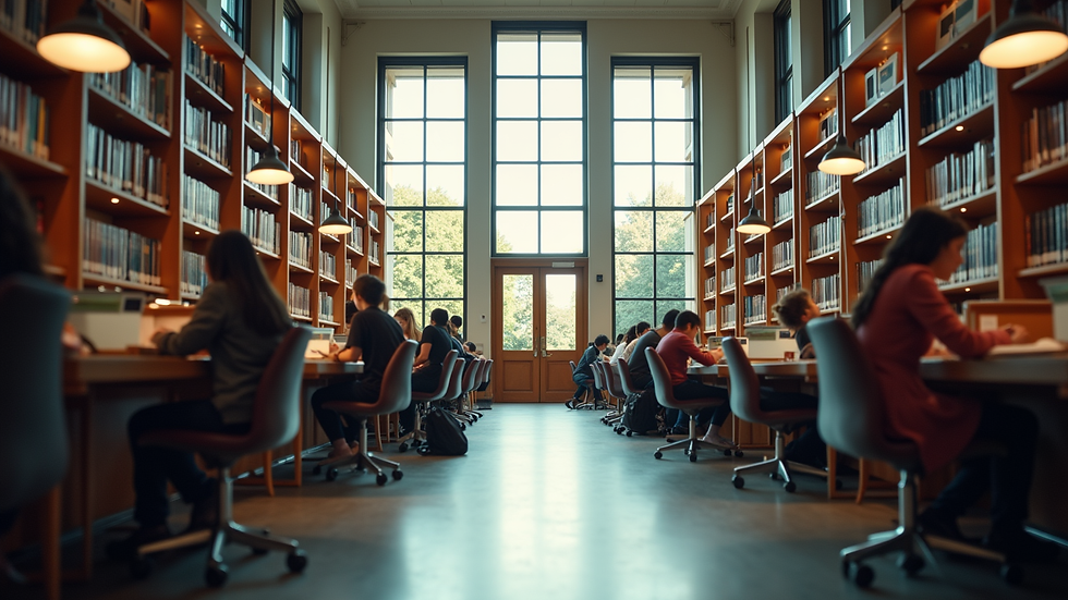Wide angle view of a university library with students studying