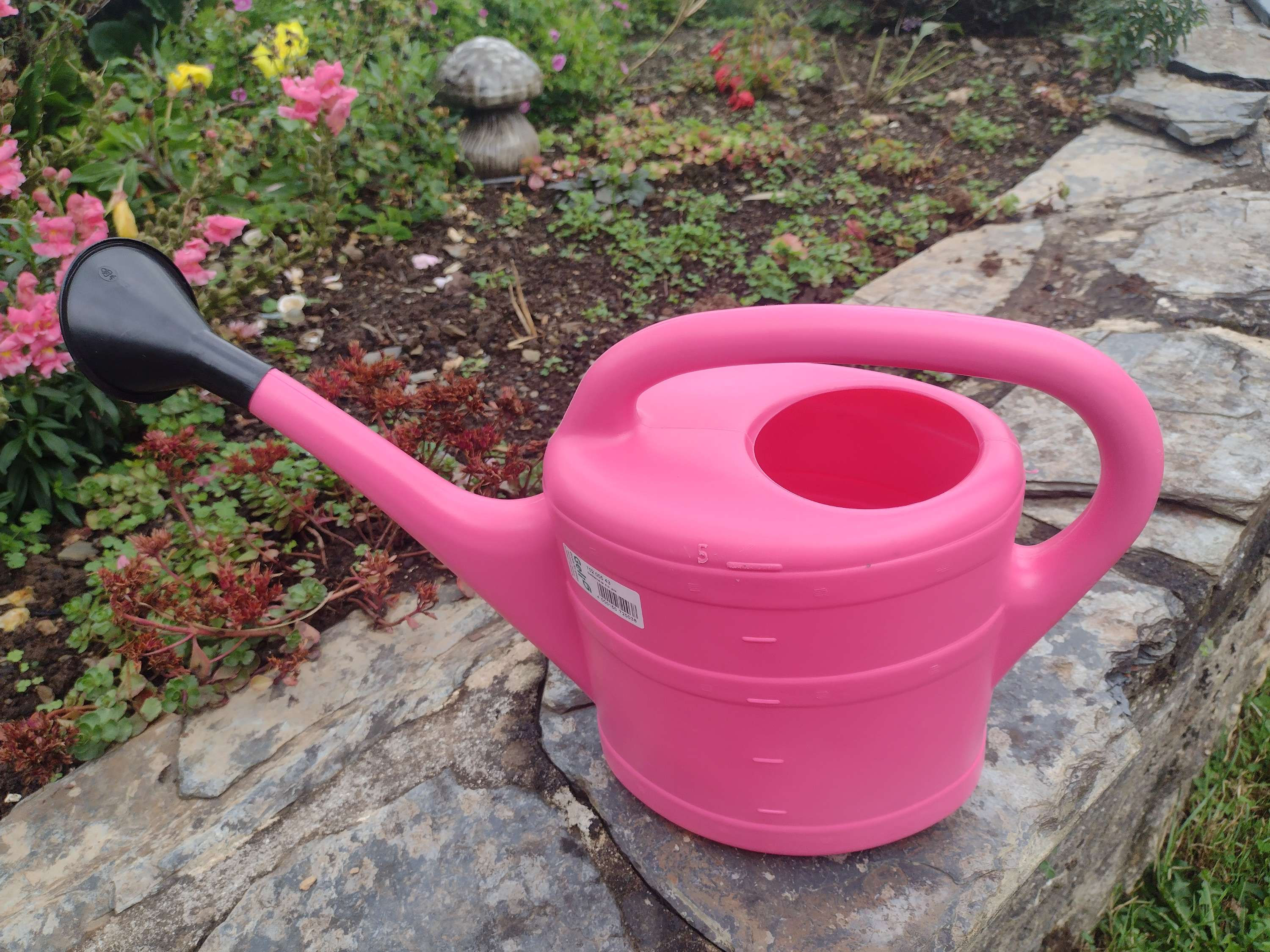 Pink plastic watering can in garden