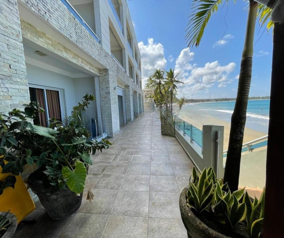 Sunlit beach resort walkway beside a white hotel, potted plants, palm trees, and a blue ocean under a clear sky.