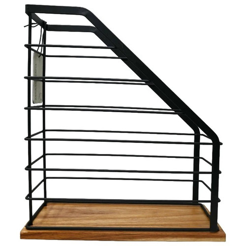 Matte Wire Upright Magazine File Holder w/ Acacia Base