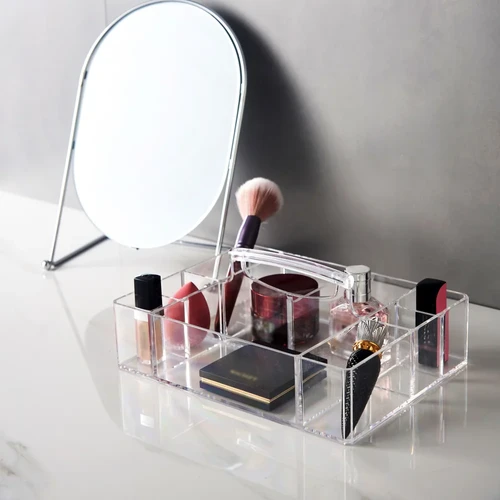 Clear - 9 Compartment Cosmetic Tray with Handle