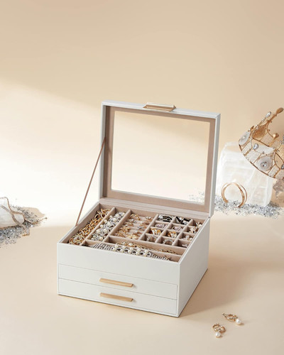 3 Layer Jewellery Box w/ Glass Lid - Cloud White & Gold