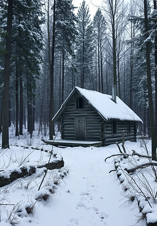 Run down abandoned cabin in the frozen f