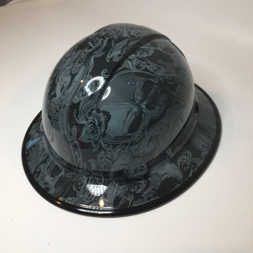 Thumbnail: Slate Grey Filigree Skulls Full Brim Hard Hat with Black EdgeGuard