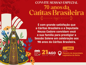 Neusa Cadore propõe Sessão Especial na ALBA para celebrar os 70 anos da Cáritas Brasileira