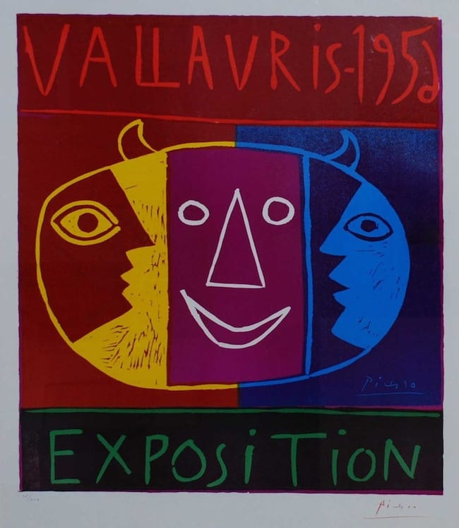 Poster with three stylized faces in yellow, magenta, and blue. Red and green text reads "Vallauris 1956 Exposition." Bold colors.