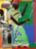 Romare Bearden "SHA-BA" (1970)

Colorful abstract art of a person holding a blue staff, wearing a patterned outfit and hat. Vibrant background with green and blue hues.