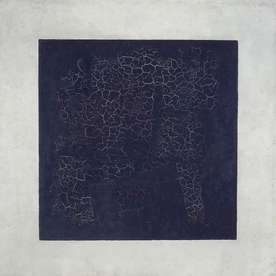 Kazimir Malevich, Black Suprematic Square, 1915, oil on linen, 79.5 × 79.5 cm, State Tretyakov Gallery (Moscow), public domain.