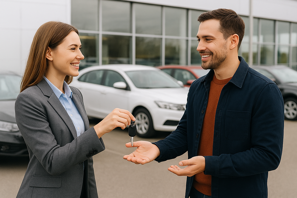 Smiling woman hands car keys to a man in a car dealership lot. Several cars are visible in the background on a cloudy day.