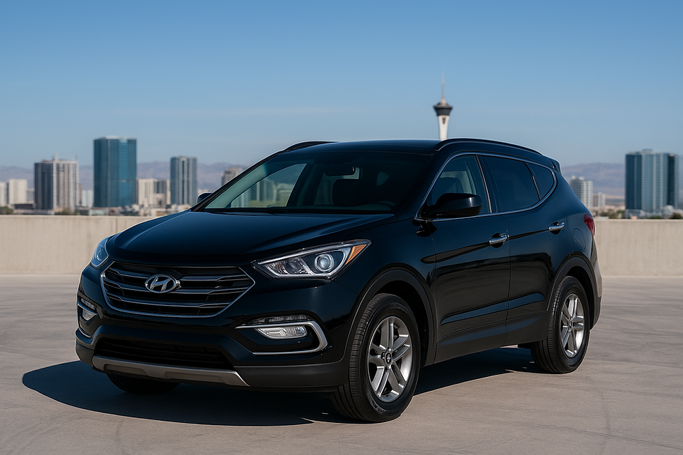Black Hyundai SUV on rooftop parking with city skyline in the background. Sunny, clear blue sky, modern buildings, sleek car design.