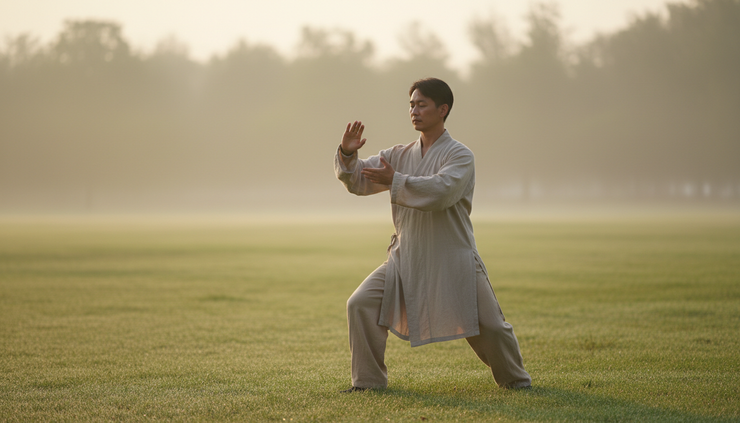 Wide-angle view of a person practicing Tai Chi in a quiet park at sunrise.