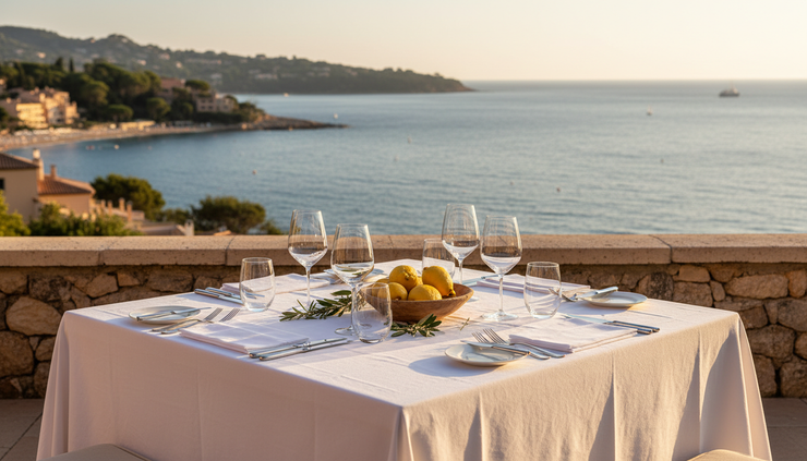 Wide-angle view of an elegant seaside dining table on the Gulf of Saint-Tropez.