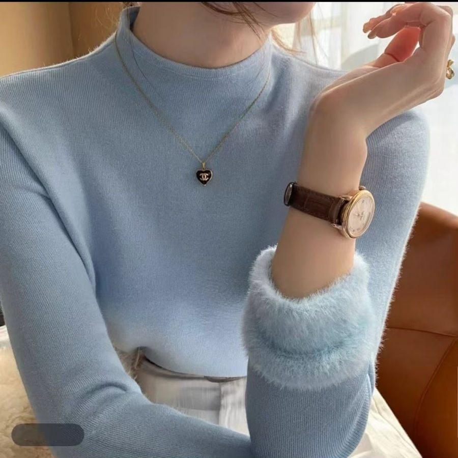 White Knitted Fleece Lined Half High Collar Sweater Women's Fashion Autumn Winte