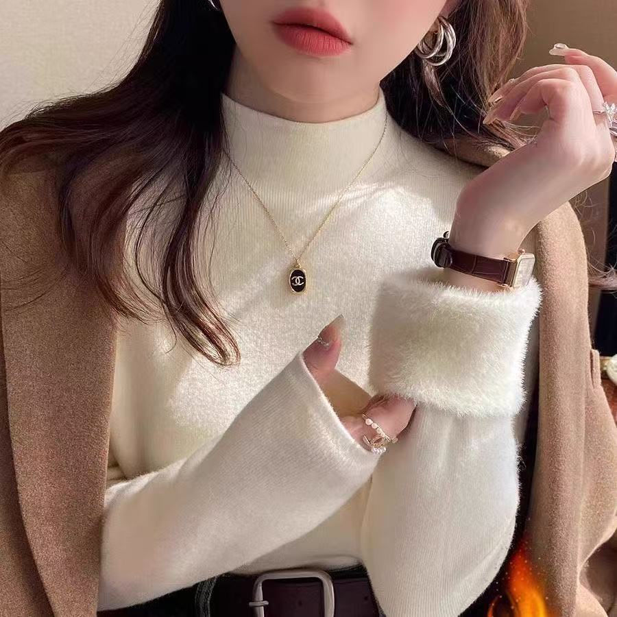 Thumbnail: White Knitted Fleece Lined Half High Collar Sweater Women's Fashion Autumn Winte