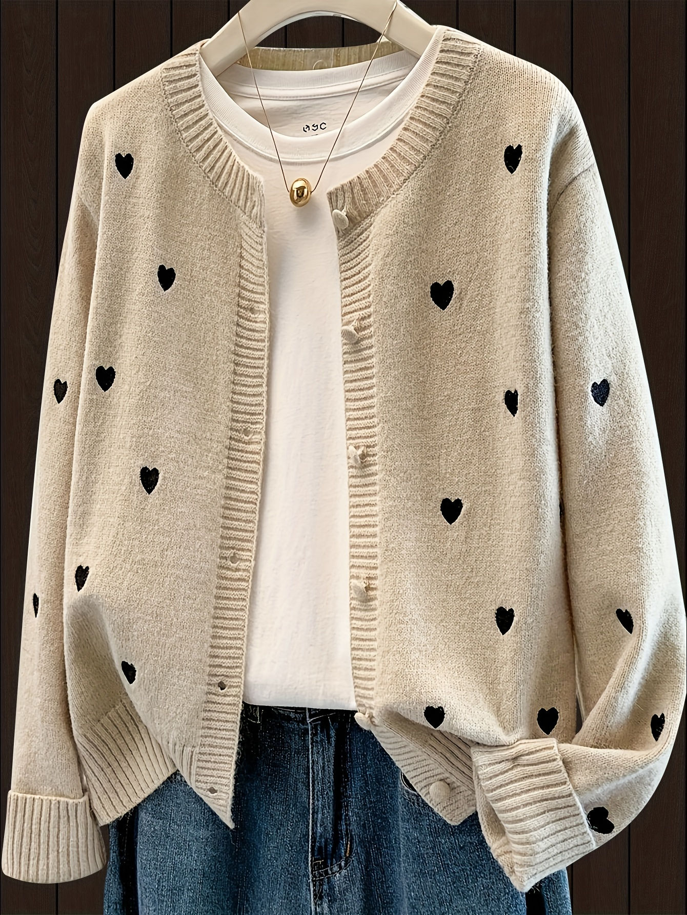 Women's Cute Heart Embroidery Cardigan, Button Front Knit Sweater, Casual Elegan