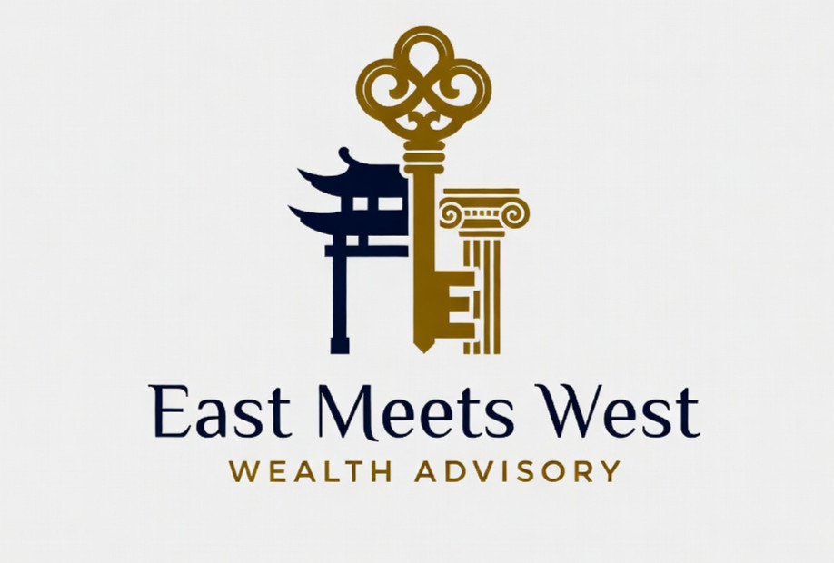East Meets West Wealth Advisory logo with key, pagoda, and column - Steve Park Smith Financial Advisor Hong Kong