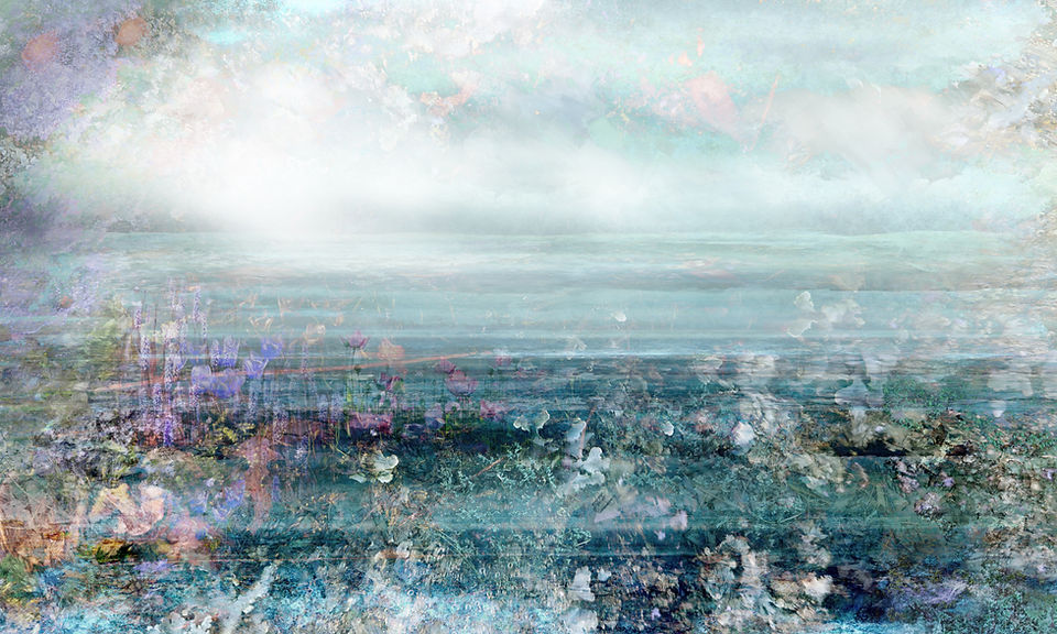 Abstract textured ethereal landscape with hazy sky and water.