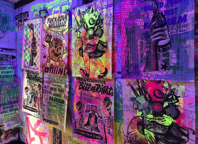 fatherless print posse, silkscreen, screen print, protest art, pop art, midwest, neon, collective, collaboration, behind the scenes, guest artist, artist process