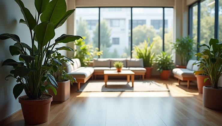 Eye-level view of a quiet office break area with plants and comfortable seating