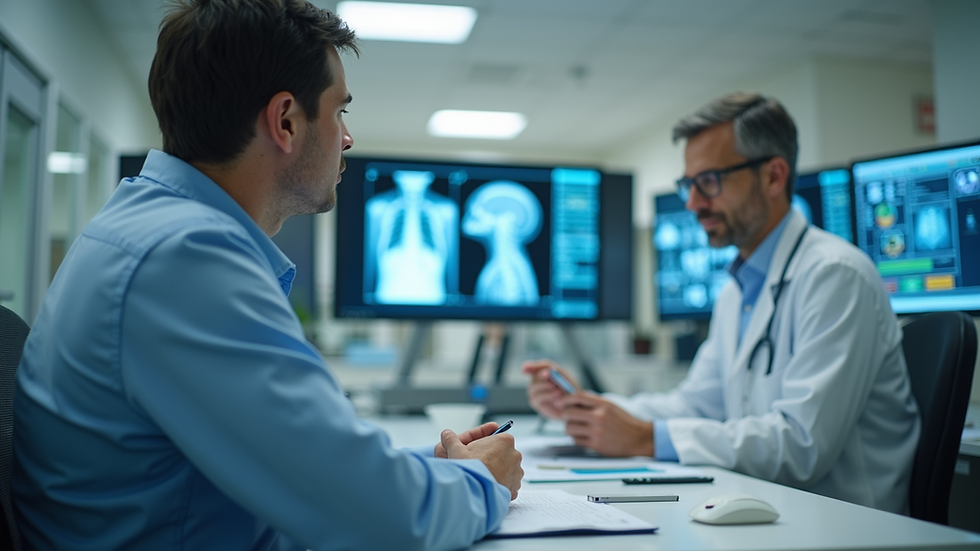 Eye-level view of a radiologist using a microphone for dictation in a quiet reading room